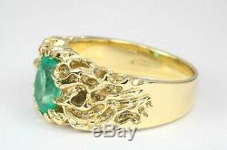 1.50 Carats Natural Emerald Oval Cut Mens Solid Gold Nugget Solitaire Ring 14K