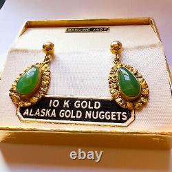 10k Yellow Gold Alaskan Gold Nugget and Alaskan Jade Earrings 5.5ct Dangle 5.1g