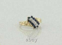 10k Yellow Gold Natural Blue Sapphire and Diamond Flower Nugget Ring Size 6 1/2