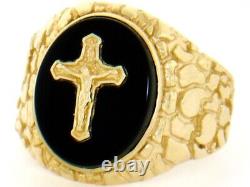 10k or 14k Gold Nugget Onyx Crucifix Cross Jesus Mens Ring