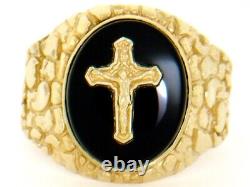 10k or 14k Gold Nugget Onyx Crucifix Cross Jesus Mens Ring