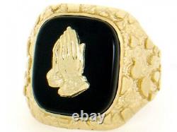 10k or 14k Solid Gold Nugget Praying Hand Onyx Mens Ring