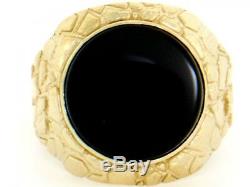 10k or 14k Solid Yellow Gold Nugget Round Onyx Mens Ring