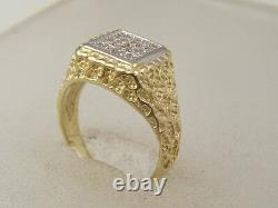 14 Kt Solid Yellow Gold Square Top Nugget Side Diamond Men's Right Hand Ring