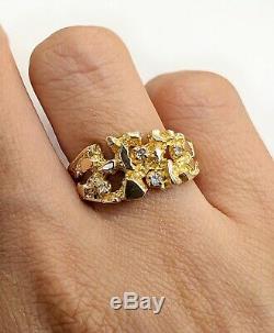 14K Solid Yellow Gold 0.08 Ct Natural Diamond Men's Nugget Ring
