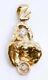 14k Solid Yellow Gold Double Round Diamond Wheel & Gold Nugget Style Pendant