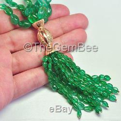 14K Solid Yellow Gold Fine Natural Emerald Nugget Tassel Necklace 18 Inch