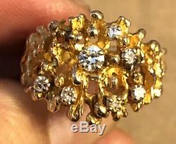 14K Solid Yellow Gold Natural Diamonds Men's Nugget Ring Size 11 10.7 Grams