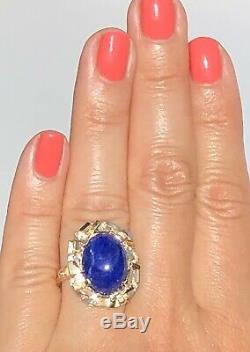 14K Yellow Gold Blue Lapis Lazuli Cabochon Oval Ring Nugget Halo Twisted Shank