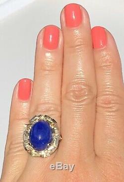 14K Yellow Gold Blue Lapis Lazuli Cabochon Oval Ring Nugget Halo Twisted Shank