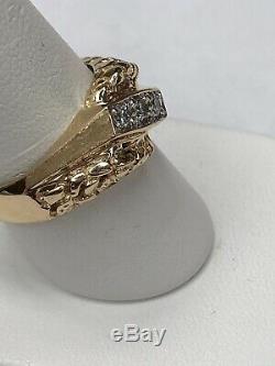 14K Yellow Gold Diamond Gents Ring Nugget & Brushed Setting Size 8.25