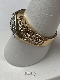 14K Yellow Gold Diamond Gents Ring Nugget & Brushed Setting Size 8.25