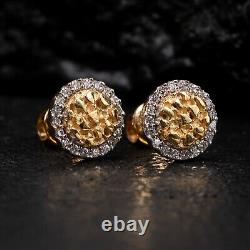 14K Yellow Gold Men's Two Tone Natural Diamond Round Circle Nugget Stud Earrings