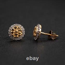 14K Yellow Gold Men's Two Tone Natural Diamond Round Circle Nugget Stud Earrings