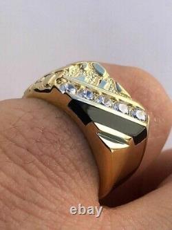 14k Gold Plated 925 Silver Nugget Black Onyx Iced Diamond Ring Hip Hop