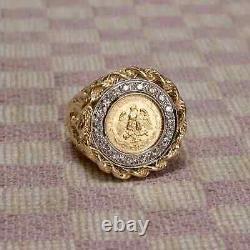 14k Yellow Gold Plated Mexican Coin 1Ct Lab-Created Diamond Nugget Ring For Men