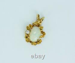 14k Yellow Gold Rainbow Opal And Diamond Gold Nugget Designed Pendant