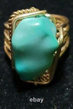 14k yellow gold and natural turquoise nugget vintage handmade ring estate unique