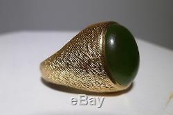 1970s Men's 14K Dome Gold Jade Ring Nugget Ring Genuine Green Jade Estate