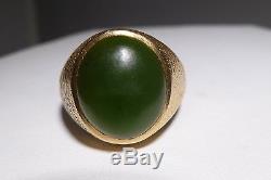 1970s Men's 14K Dome Gold Jade Ring Nugget Ring Genuine Green Jade Estate