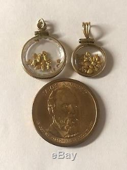 2 Vintage Glass Circular Pendants Filled with Natural Alaskan Gold Nuggets