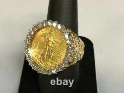2Ct Round Real Moissanite Lady Liberty Coin Nugget Ring 14K Yellow Gold Plated