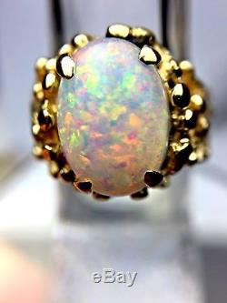 3.50ct Natural Oval Opal 14K Yellow Gold Ornate Nugget Cocktail Ring NICE