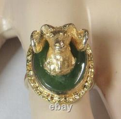 3D Figural Sculpture BIGHORN SHEEP Ram ARIES 10K Gold NUGGET Jade Alaska Ring