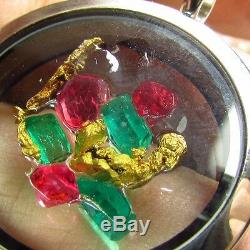 AZ Gold Nugget Pendant Locket Spinel Emeralds Necklace Natural Untreated Stones