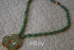 Antique JADITE natural nugget necklace CELEDON GREEN with 14k gold c1920 JAPAN