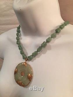 Antique JADITE natural nugget necklace CELEDON GREEN with 14k gold c1920 JAPAN