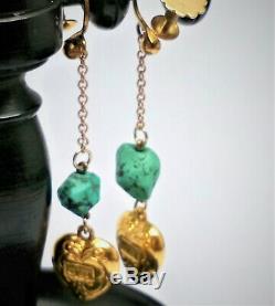 Antique Vintage 9ct Gold Heart Natural Turquoise Nugget Screw / Pierced Earrings