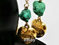 Antique Vintage 9ct Gold Heart Natural Turquoise Nugget Screw / Pierced Earrings