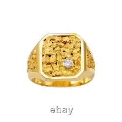 Bold 18K Yellow Gold Over Nugget Ring with One Round 0.16 Carat Diamond For Mens