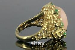 CG Vintage Estate 18K Yellow Gold Oval Pink Coral Cabochon Emerald Nugget Ring 7