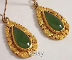 ESTATE Vtg 10k Yellow Gold & Natural Gold Nugget Jade Teardrop Dangle Earrings