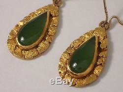 ESTATE Vtg 10k Yellow Gold & Natural Gold Nugget Jade Teardrop Dangle Earrings