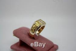 Elegant Solid 14k Yellow Gold Mens Natural Alaskan Gold Nugget & Diamond Ring