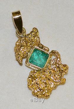 GOLD NUGGET PENDANT with NATURAL W. A. AUSTRALIAN EMERALD 3.56 ct and 18ct BALE