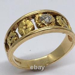 Gent's California Natural Gold Nugget 1/5 Carat Diamond Ring 6.8 Gram Size 10.5