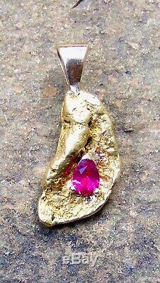 Genuine Calif. Alaska Natural Gold Nugget Pendant with Ruby Accent 6.5 grams