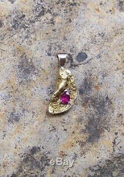 Genuine Calif. Alaska Natural Gold Nugget Pendant with Ruby Accent 6.5 grams