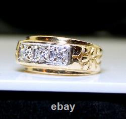 Heavy Vintage Estate Men's 14K Gold Nugget Style 1/3 Ct TW Diamond 3-Stone Ring