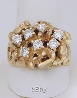 MENS 14k YELLOW GOLD NATURAL 1.00ct SI1 7 ROUND DIAMOND NUGGET RING 15g 17mm