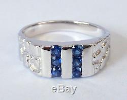 MR011 GENUINE 9ct White GOLD MENS Natural Blue Sapphire NUGGET Ring size T /9.75