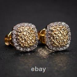 Men's 0.20Ct 14K Yellow Gold Square Nugget Iced Natural Diamond Stud Earrings
