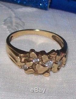 Men's 10K Gold Nugget Ring 4 Round Natural White Diamonds Vintage size 10