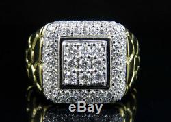 Men's 10K Yellow Gold Nugget Square Frame Genuine Diamond Engagement Ring 1.55CT