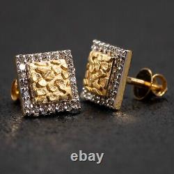 Men's 14K Yellow Gold Authentic Natural Diamond Square Nugget Stud Earrings