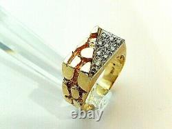 Men's 14k Solid Yellow Gold 11mm Nugget Style Diamond Cluster Ring Sz 11.5